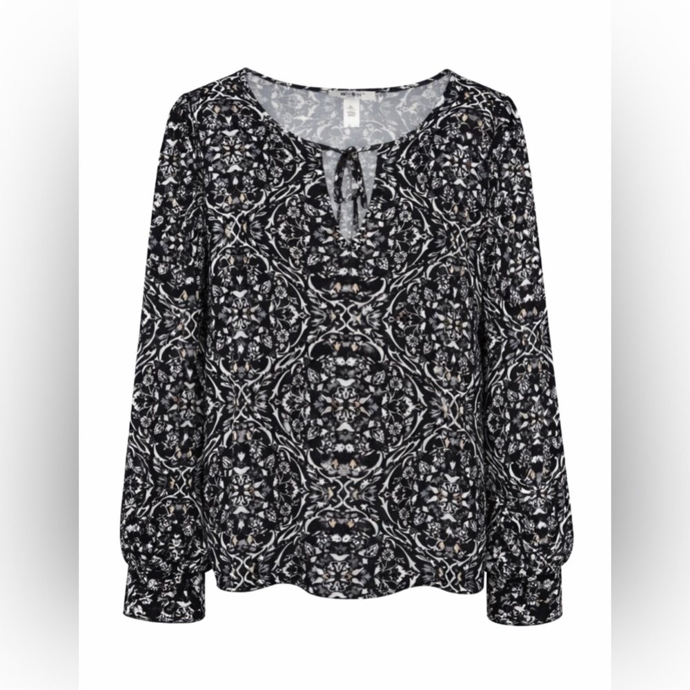 White House Black Market Ornate Black and White Blouse